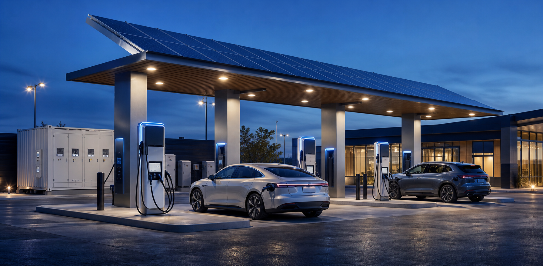 Modern gas station converted into an EV fast charging hub with solar canopy, charging piles, and battery storage